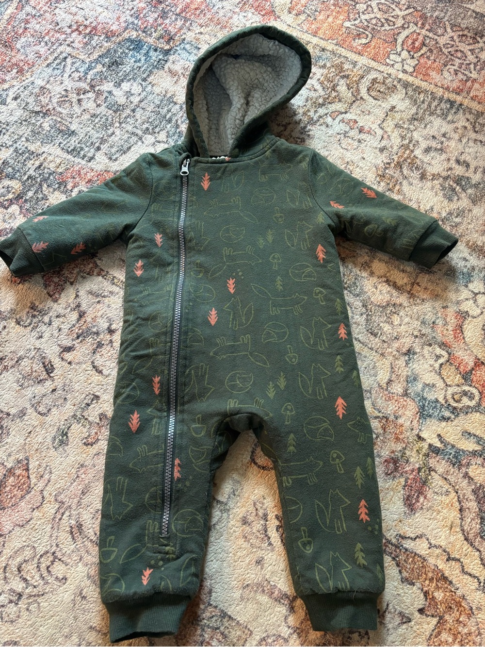 Joe Fresh Sherpa lined forest themed bunting suit 6-12m
